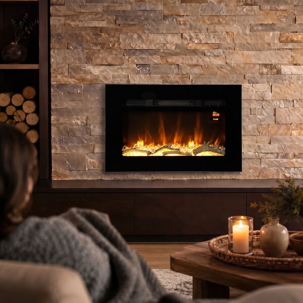 HOMCOM Caminetto Elettrico 60 cm da Incasso o Parete, 1800W, Timer 24 Ore, Fiamma Regolabile, Cristalli | Aosom Italy