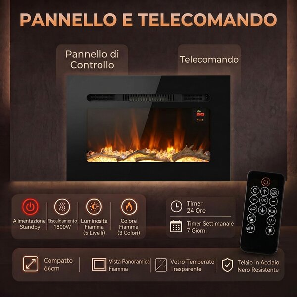 HOMCOM Caminetto Elettrico 60 cm da Incasso o Parete, 1800W, Timer 24 Ore, Fiamma Regolabile, Cristalli | Aosom Italy
