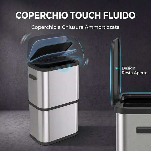 HOMCOM Pattumiera Rettangolare 60L in Acciaio Inox con Coperchio, Chiusura Ammortizzata, Fermasacco, Argento | Aosom Italy