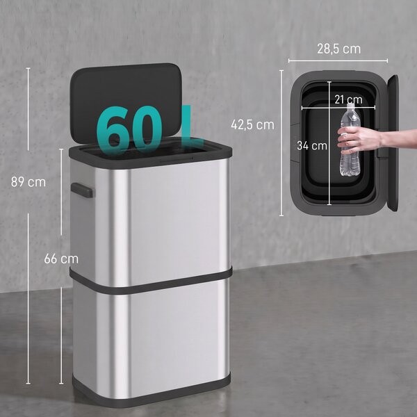 HOMCOM Pattumiera Rettangolare 60L in Acciaio Inox con Coperchio, Chiusura Ammortizzata, Fermasacco, Argento | Aosom Italy