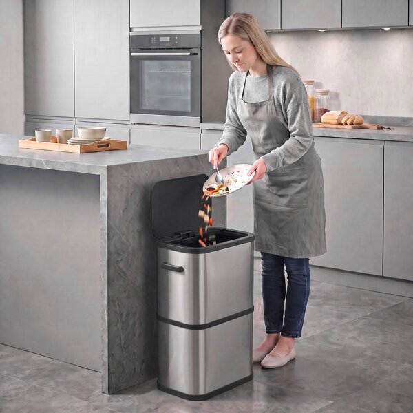 HOMCOM Pattumiera Rettangolare 60L in Acciaio Inox con Coperchio, Chiusura Ammortizzata, Fermasacco, Argento | Aosom Italy