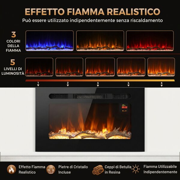 HOMCOM Caminetto Elettrico 60 cm da Incasso o Parete, 1800W, Timer 24 Ore, Fiamma Regolabile, Cristalli | Aosom Italy