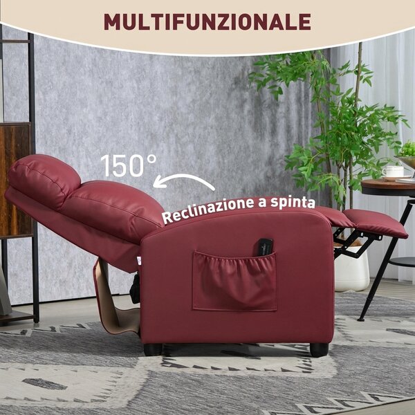 HOMCOM Poltrona Relax Massaggiante spessa imbottitura con Telecomando e 8 Programmi, Reclinazione fino a 150° con poggiapiedi，Rosso| Aosom Italy