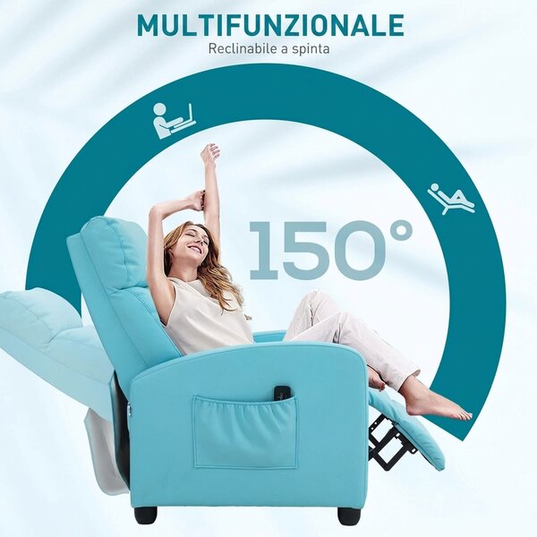 HOMCOM Poltrona Relax Massaggiante con Telecomando e 8 Programmi, Reclinazione e Poggiapiedi, Azzurro