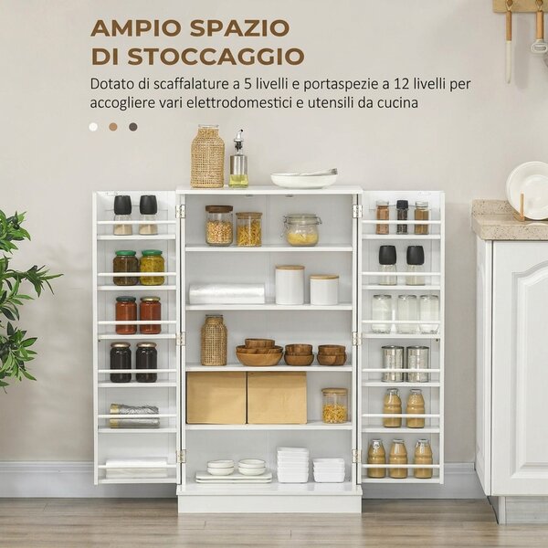 HOMCOM Credenza Cucina Moderno con 12 Portaspezie sulle Porte, Ripiani Regolabili, 2 Ante, 60x30x104 cm, Bianco | Aosom Italy