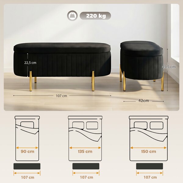HOMCOM Panca Contenitore Ingresso Ovale 72L con Coperchio Sollevabile, Seduta Imbottita, in Velluto, Nero | Aosom Italy