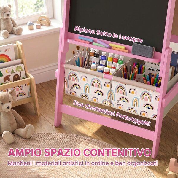 AIYAPLAY Lavagna per Bambini 3 in 1 a Doppia Facciata con Cavalletto, Rotolo di Carta, 2 Contenitori, 3-8 Anni, Rosa | Aosom Italy
