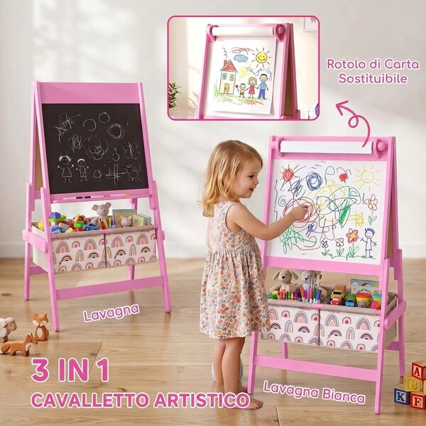 AIYAPLAY Lavagna per Bambini 3 in 1 a Doppia Facciata con Cavalletto, Rotolo di Carta, 2 Contenitori, 3-8 Anni, Rosa | Aosom Italy