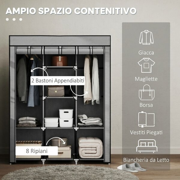 HOMCOM Armadio Salvaspazio con Base Rialzata, 8 Ripiani e 2 Barre, in Tessuto non Tessuto e Acciaio, Grigio Chiaro | Aosom Italy
