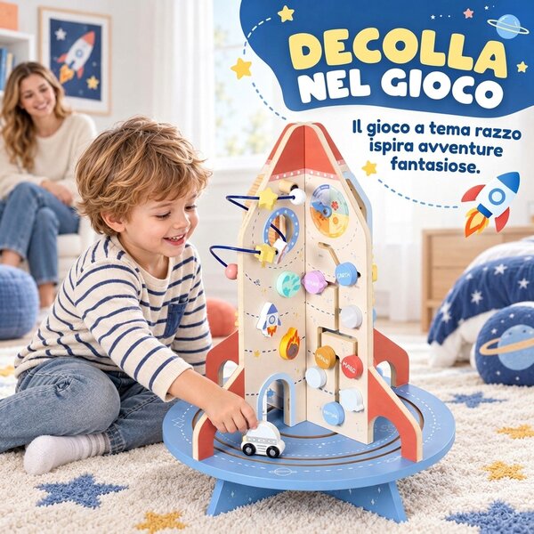 AIYAPLAY Tavolo Educativo Montessori per Bambini in Legno a Tema Razzo con Percorso di Perline, Ingranaggi e Abaco | Aosom Italy