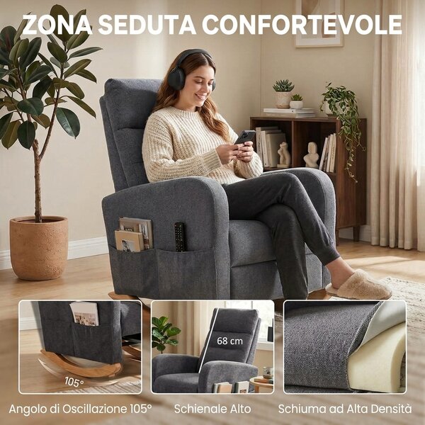 HOMCOM Sedia a Dondolo Imbottita in Tessuto Effetto Lino, Poggiapiedi, Schienale Alto, Gambe in Legno di Caucciù, Grigio | Aosom Italy