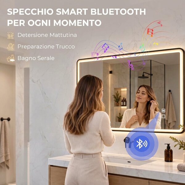 HOMCOM Specchio da Bagno LED Bluetooth Antiappannamento 100x70 cm Nero | Aosom Italy