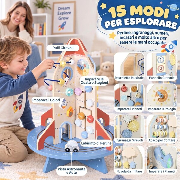 AIYAPLAY Tavolo Educativo Montessori per Bambini in Legno a Tema Razzo con Percorso di Perline, Ingranaggi e Abaco | Aosom Italy