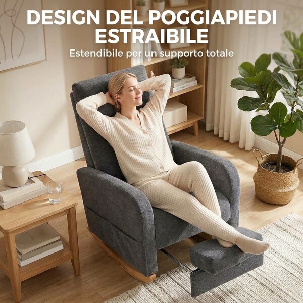 HOMCOM Sedia a Dondolo Imbottita in Tessuto Effetto Lino, Poggiapiedi, Schienale Alto, Gambe in Legno di Caucciù, Grigio | Aosom Italy