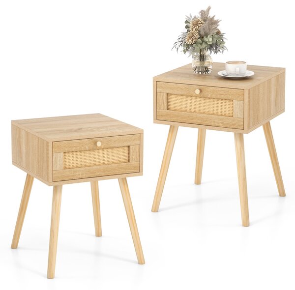 Costway Set di 2 Comodini in rattan con decorazione intrecciata a mano, Tavolini da letto boho in legno stile mid-century Naturale