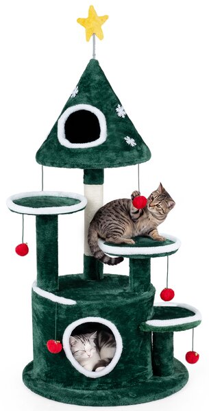 Costway Albero a tema natale per gatti alto 127 cm con 2 cuccie separate, Tiragraffi per gatti con 4 piattaforme a diverse altezze pali in sisal