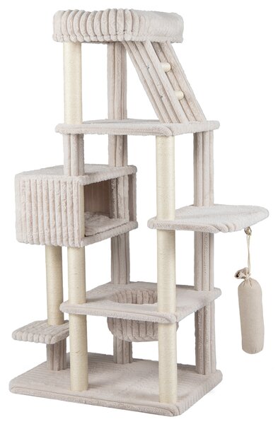 Costway Albero tiragraffi per gatti alto 180 cm design multilivelli, Torre per gatti grande con amaca e cuccia pali in sisal sacchetto sospeso Beige