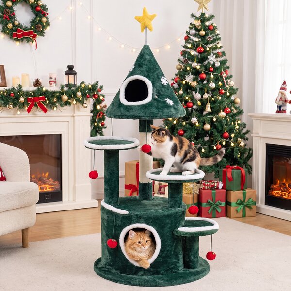 Costway Albero a tema natale per gatti alto 127 cm con 2 cuccie separate, Tiragraffi per gatti con 4 piattaforme a diverse altezze pali in sisal