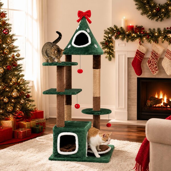 Costway Albero tiragraffi per gatti a tema natale con altezza 137 cm, Torre per gatti interno con 2 cuccie cuscino morbido rimovibile