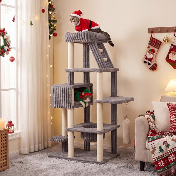 Costway Albero tiragraffi per gatti alto 180 cm design multilivelli, Torre per gatti grande con amaca e cuccia pali in sisal sacchetto sospeso Grigio