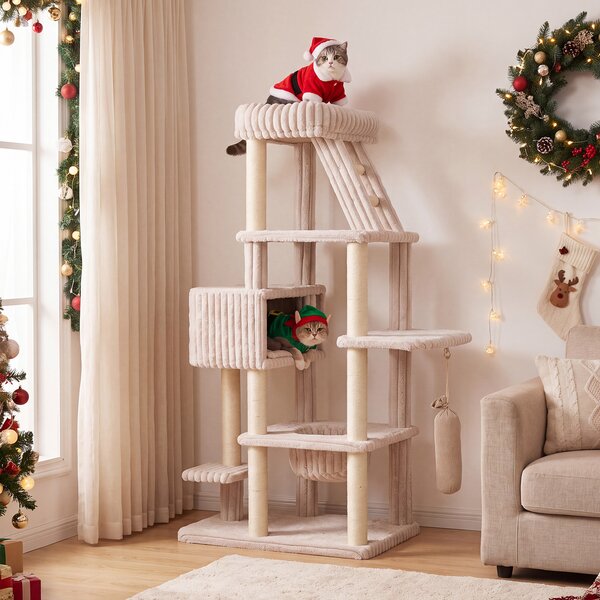 Costway Albero tiragraffi per gatti alto 180 cm design multilivelli, Torre per gatti grande con amaca e cuccia pali in sisal sacchetto sospeso Beige