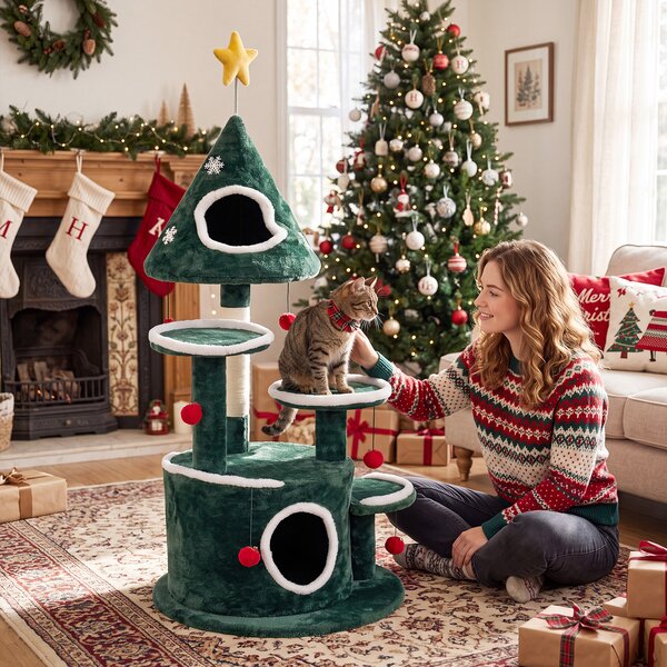Costway Albero a tema natale per gatti alto 127 cm con 2 cuccie separate, Tiragraffi per gatti con 4 piattaforme a diverse altezze pali in sisal