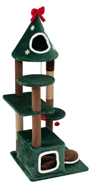 Costway Albero tiragraffi per gatti a tema natale con altezza 137 cm, Torre per gatti interno con 2 cuccie cuscino morbido rimovibile