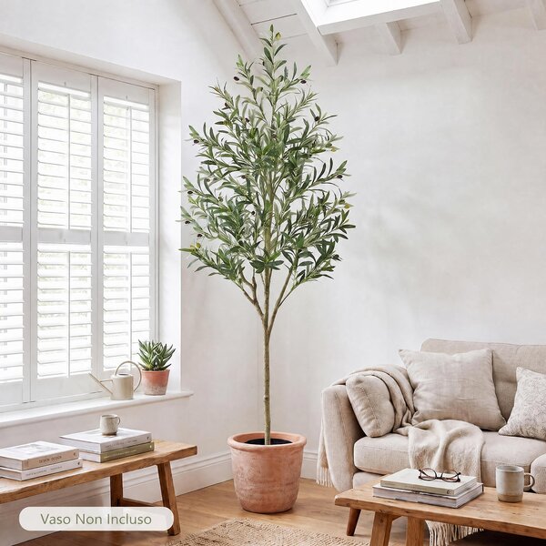 Costway Albero di ulivo artificiale da interno con vaso zavorrato, Pianta finta di oliva con olive realistiche foglie in seta e tronco naturale in pe 190 cm
