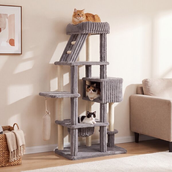 Costway Albero tiragraffi per gatti alto 180 cm design multilivelli, Torre per gatti grande con amaca e cuccia pali in sisal sacchetto sospeso Grigio