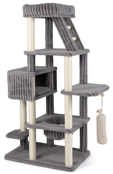 Costway Albero tiragraffi per gatti alto 180 cm design multilivelli, Torre per gatti grande con amaca e cuccia pali in sisal sacchetto sospeso Grigio