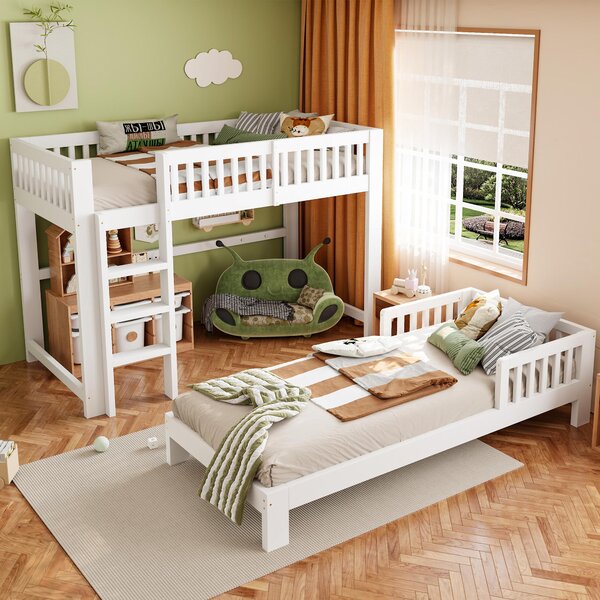 Letto a castello okwish 90x200, modello Lexibel, combinabile, lettino per bambini con sponde di sicurezza, struttura bianca, senza materasso