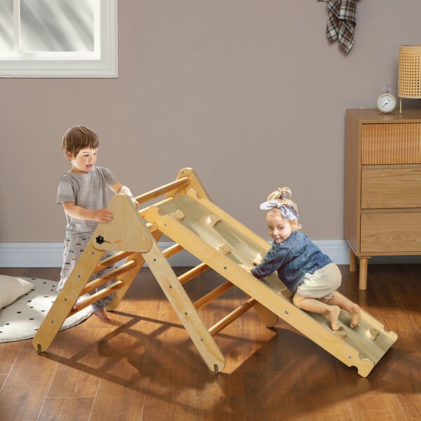 AIYAPLAY Gioco da Arrampicata con Triangolo e Pannello Scivolo ed Arrampicata, per Bambini 18-48 Mesi, Color Legno | Aosom Italy