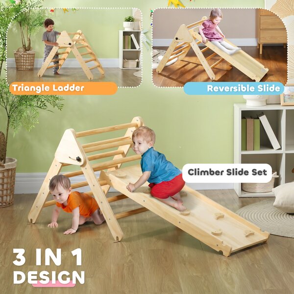 AIYAPLAY Gioco da Arrampicata con Triangolo e Pannello Scivolo ed Arrampicata, per Bambini 18-48 Mesi, Color Legno | Aosom Italy