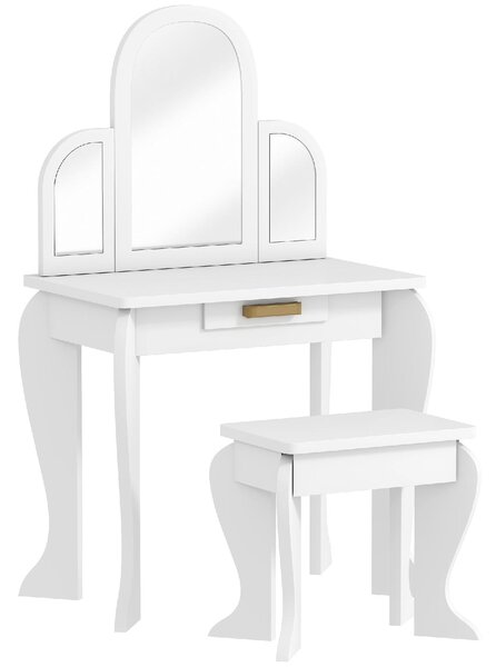 DecHome Set Toeletta Trucco Bambina 3-6 Anni con Sgabello Cassetti e Specchio Coordinato in Acrilico colore Bianco