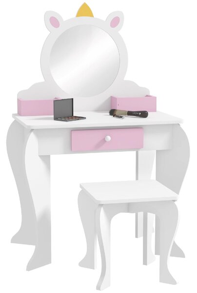 DecHome Set Toeletta Trucco Bambina 3-6 Anni con Sgabello Specchio in Acrilico 2 Scatole Portaoggetti Design Unicorno colore Rosa