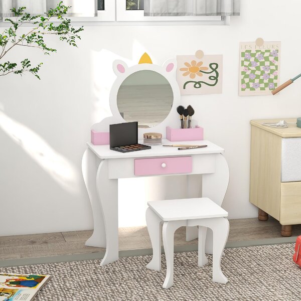 DecHome Set Toeletta Trucco Bambina 3-6 Anni con Sgabello Specchio in Acrilico 2 Scatole Portaoggetti Design Unicorno colore Rosa