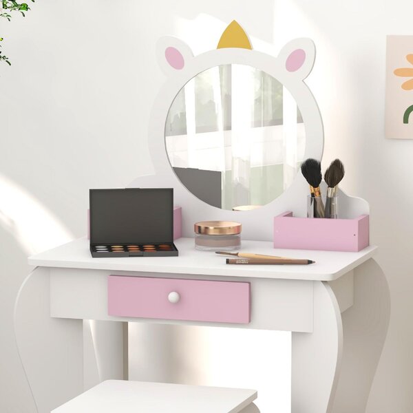 DecHome Set Toeletta Trucco Bambina 3-6 Anni con Sgabello Specchio in Acrilico 2 Scatole Portaoggetti Design Unicorno colore Rosa