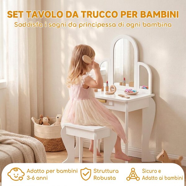 DecHome Set Toeletta Trucco Bambina 3-6 Anni con Sgabello Cassetti e Specchio Coordinato in Acrilico colore Bianco