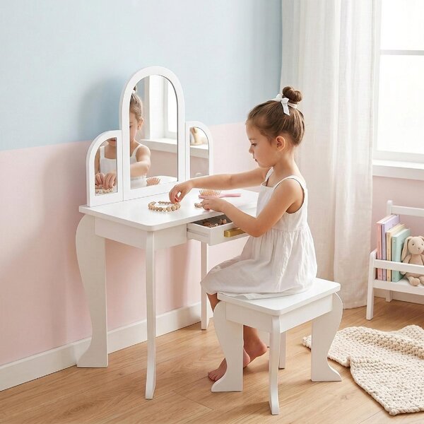 DecHome Set Toeletta Trucco Bambina 3-6 Anni con Sgabello Cassetti e Specchio Coordinato in Acrilico colore Bianco