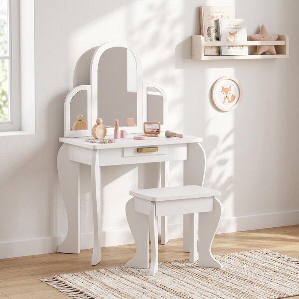 DecHome Set Toeletta Trucco Bambina 3-6 Anni con Sgabello Cassetti e Specchio Coordinato in Acrilico colore Bianco