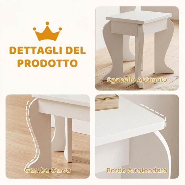 DecHome Set Toeletta Trucco Bambina 3-6 Anni con Sgabello Cassetti e Specchio Coordinato in Acrilico colore Bianco