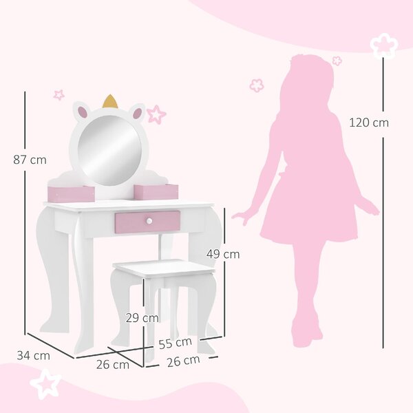 DecHome Set Toeletta Trucco Bambina 3-6 Anni con Sgabello Specchio in Acrilico 2 Scatole Portaoggetti Design Unicorno colore Rosa