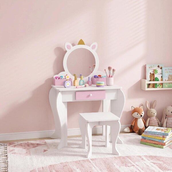 DecHome Set Toeletta Trucco Bambina 3-6 Anni con Sgabello Specchio in Acrilico 2 Scatole Portaoggetti Design Unicorno colore Rosa