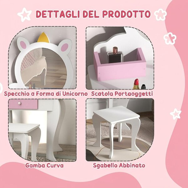DecHome Set Toeletta Trucco Bambina 3-6 Anni con Sgabello Specchio in Acrilico 2 Scatole Portaoggetti Design Unicorno colore Rosa