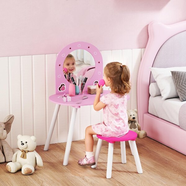 DecHome Set Toeletta Trucco Bambina 3-6 Anni con Sgabello Specchio Infrangibile Design con Cuori colore Rosa