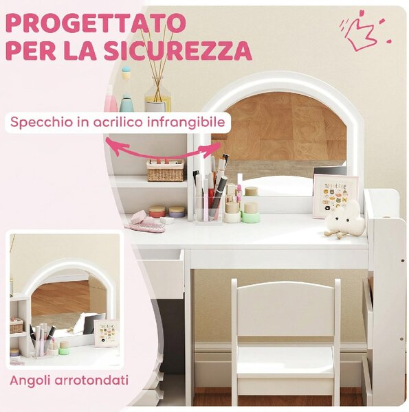 DecHome Set Toeletta Trucco Bambina 3-8 Anni con Specchio Sedia Luce LED Armadietto colore Bianco