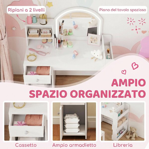 DecHome Set Toeletta Trucco Bambina 3-8 Anni con Specchio Sedia Luce LED Armadietto colore Bianco