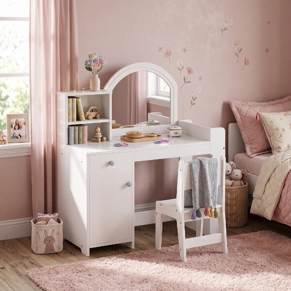 DecHome Set Toeletta Trucco Bambina 3-8 Anni con Specchio Sedia Luce LED Armadietto colore Bianco