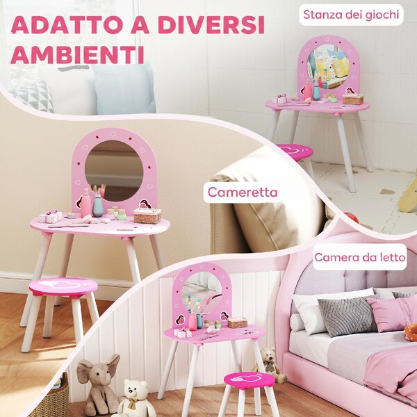 DecHome Set Toeletta Trucco Bambina 3-6 Anni con Sgabello Specchio Infrangibile Design con Cuori colore Rosa