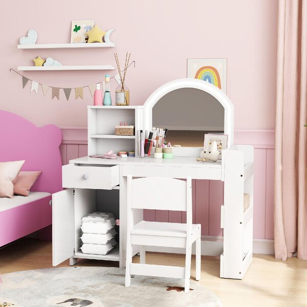 DecHome Set Toeletta Trucco Bambina 3-8 Anni con Specchio Sedia Luce LED Armadietto colore Bianco